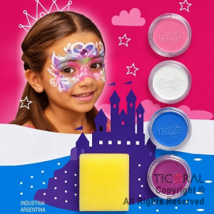 KIT MAQUILLAJE ARTISTICO PRINCESA ROSA LILA BLANCO CELESTE (4 - 8 GR) + ESPONJA 05-03